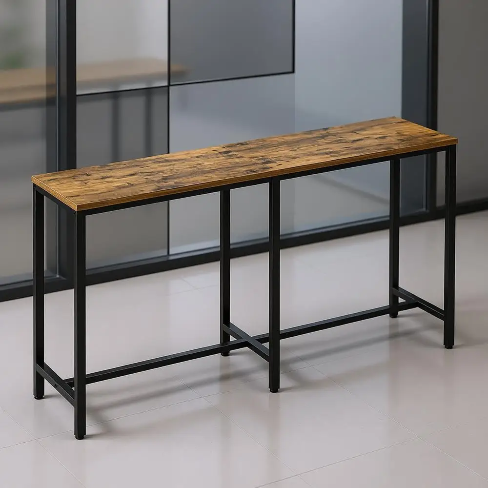 

Rustic Brown and Black Rectangular Hightop Bar Table, 55 Long, Counter Height, for Kitchen, Living Room, Dining, Entryway