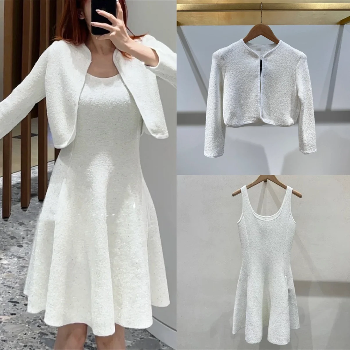 

High-End Version White Sequin ort Knitted Open Cardigan Jaet with Strap Dr Two-Piece Set European Sle Faionable Wo...
