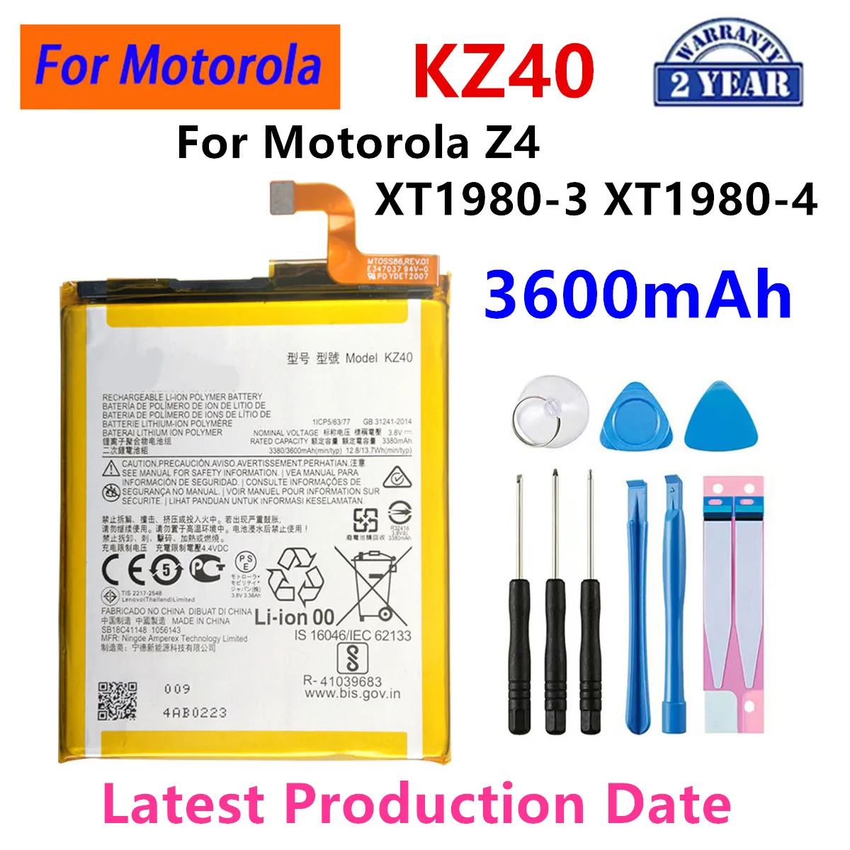 100% Original KZ40 3600mAh Battery For  Motorola Moto Z4 XT1980-3 XT1980-4  Phone Batteries+Tools.