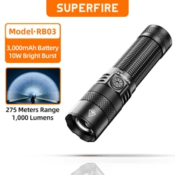 SUPERFIRE RB03 High Power Led Flashlight 1000lm EDC Torch USB C Rechargeable Tactical Flash Light Zoom Camping Outdoor Lantern