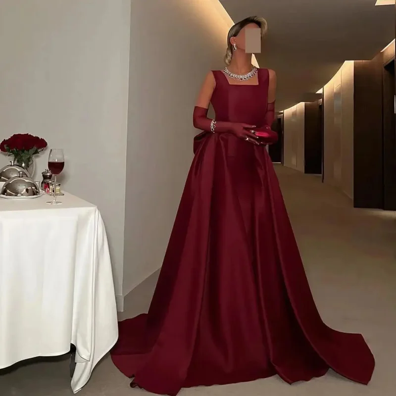 Indie Sexy Burgundy A-line Prom Dress Women Customized Square Neck Bow Party Evening Gown Floor Length Special Occasion Dresses