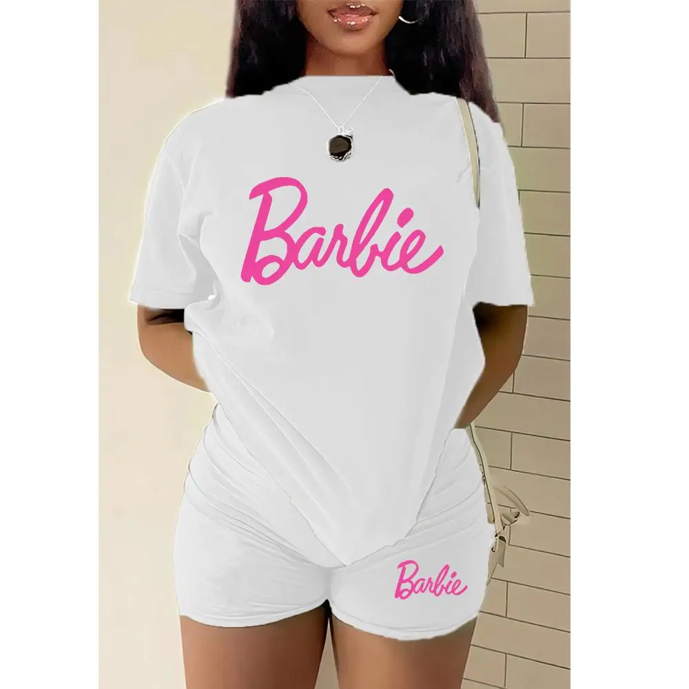 

Hot Girs Barbie Women T-Shirt Shorts Suit Kawaii Anime Cotton Cute Short Sleeves Barbie Doll Summer Sports Suit Girls Student