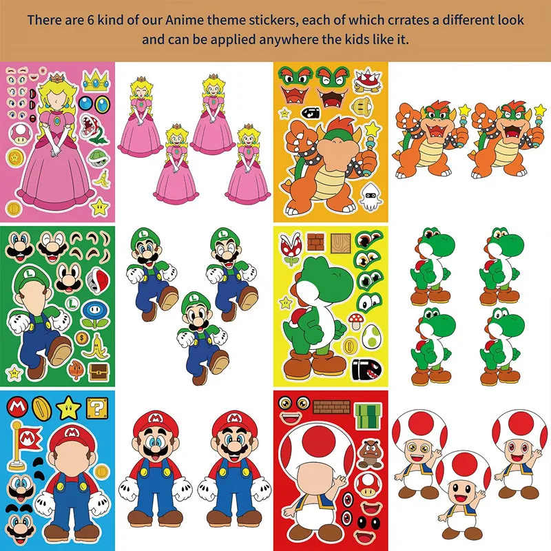 6PCS Classic Game Super Mario Sticker Toys Graffiti Decals Laptop Luggage Skateboard Waterproof Sticker Kid Toy