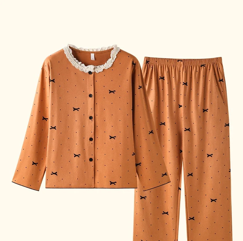 

Pajama Sets Orange Women Skin Island Smooth Painting Breathable Button Pink Long Sleeve Spring Floral Sexy Cotton Pajamas Simple