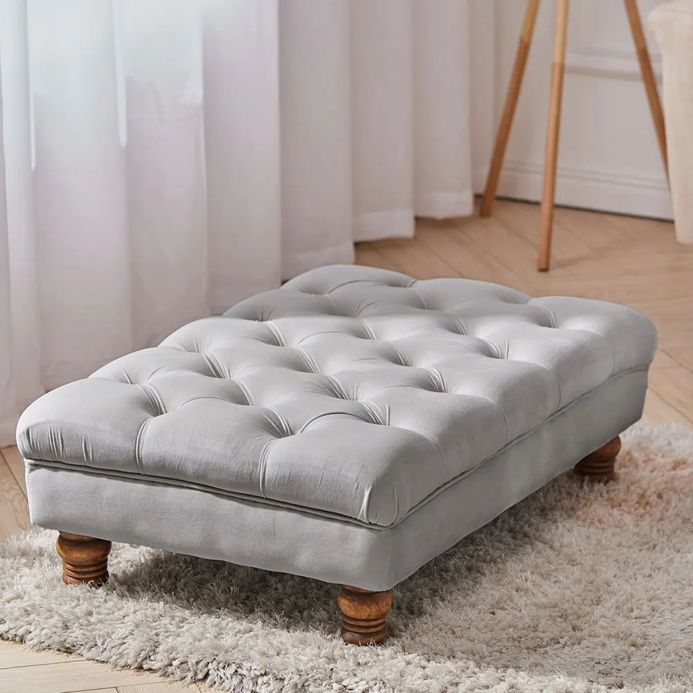 Multifunctional Buttoned Velvet Rectangular Ottoman Footstool with Gourd-shaped Legs