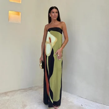 Sexy Strapless Backless Printed Long Dress Women Fashion Sleeveless Off Shoulder Vestidos…