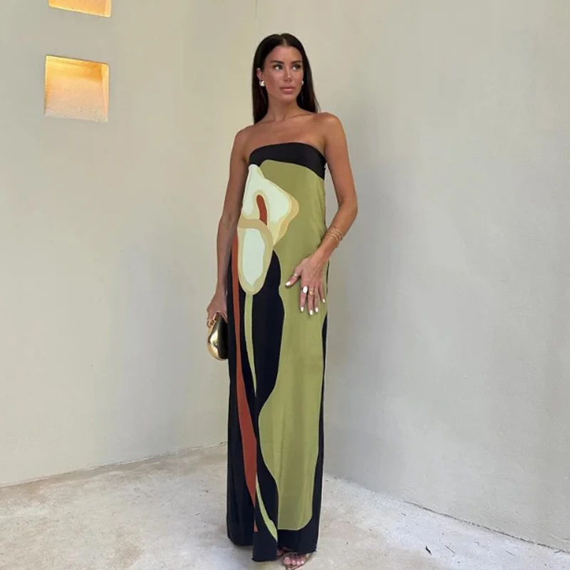 Vestido Largo Sexy Sin Tirantes y Sin Espalda con Estampado para Mujer, Moda sin Mangas de Hombros Descubiertos, 2024 Verano, Fiesta de Noche para Dama