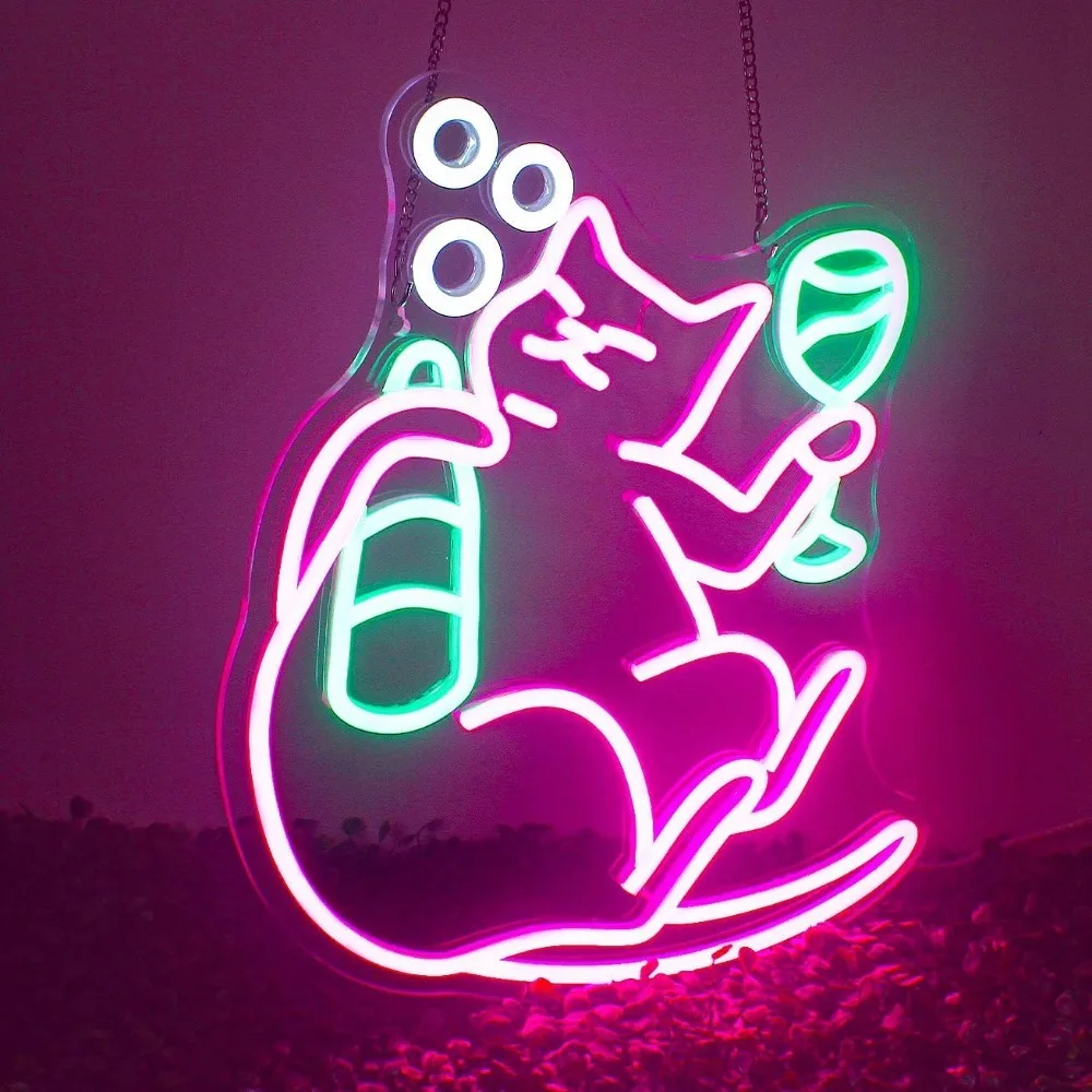

Cat Beer Neon Sign Animal Bar Light up Signs Pink Led Room Decoration Funny Bar Neon Signs Wall Decor Bedroom Home Bars Party