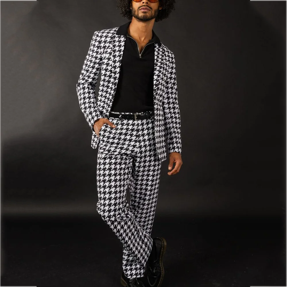 

Elegant Houndstooth Suit For Men Chic Peaked Lapel Single Breasted Outfit Slim Fitted Two Piece Casual Prom Party Male Set