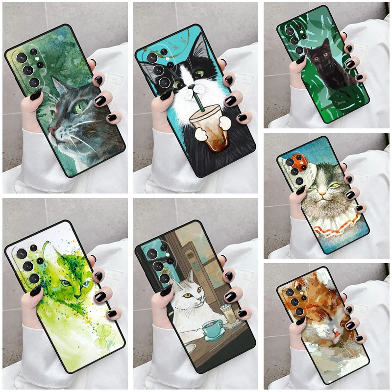 Phone Case For Samsung Galaxy S24 S23 S21fe S22 Ultra Plus Note 10 20 S8 S9 S10 Cover Cat Painting Art Splatter