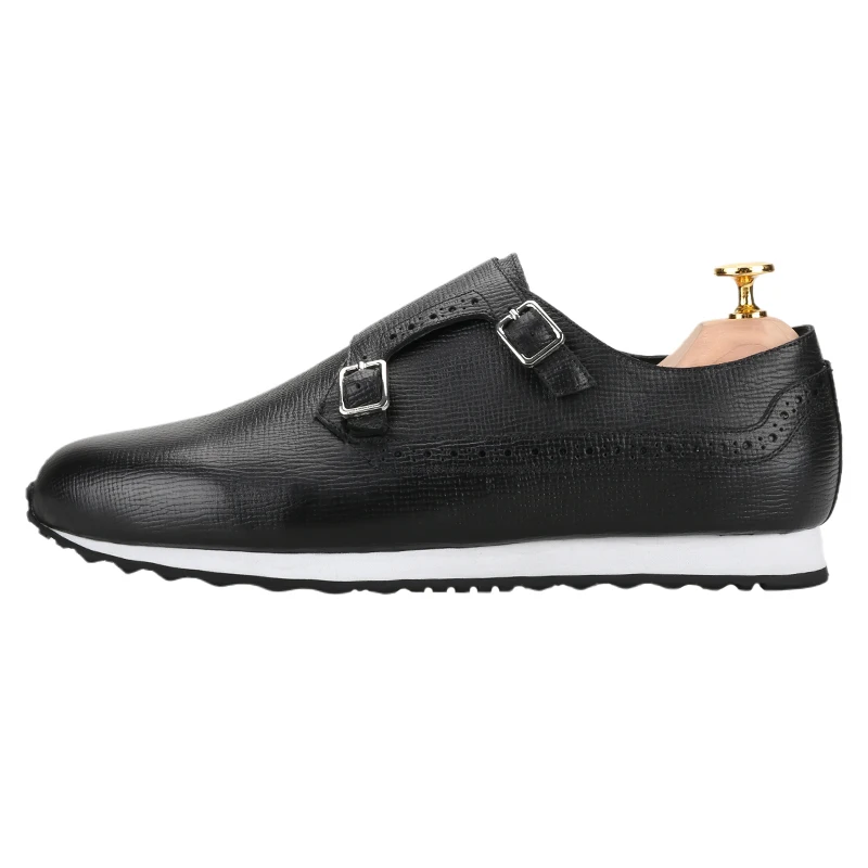 Piergitar Lizard Embossed Leather Monk Loafers Silver Color Metal Buckles Men's Sneakers Black And White Patchwork Rubber Sole