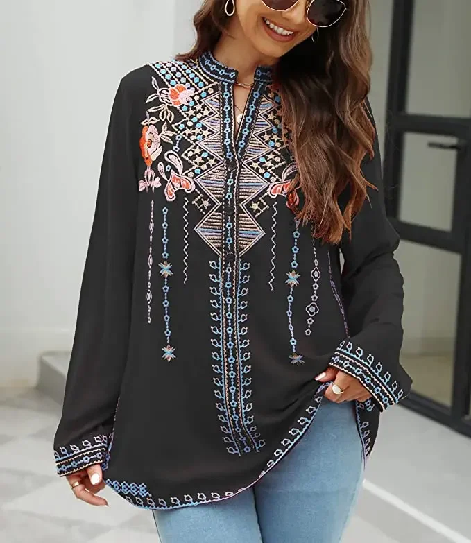 Eaeovni Women\'s Mexican Boho Embroidered Tops and Blouses Peasant Bohemian Ladies Long Sleeve Tunic Shirt Cotton Clothing