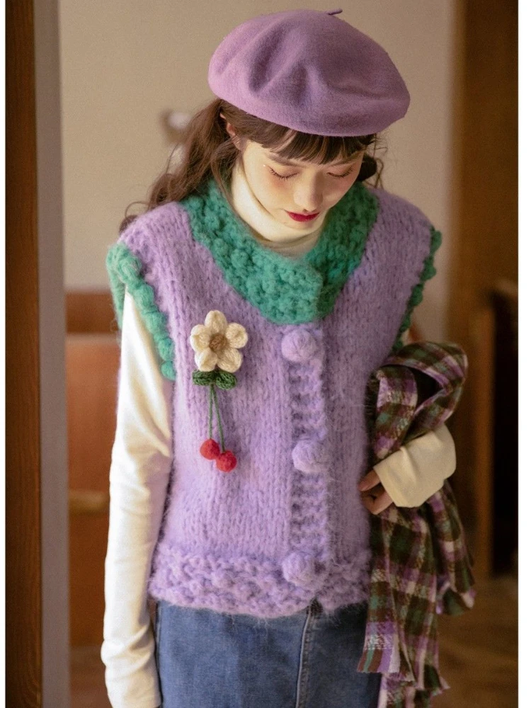 Autumn 2022 Sweet Knitted Sweaters Cardigan Women Japanese Flowers Kawai Lolita Sweater Vest Korean Fashion Sleeveless Waistcoat