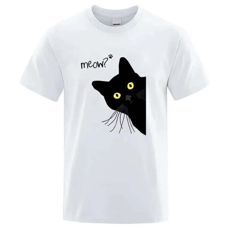 Meow Black Cat Funny Printing Men T-Shirts Tees Clothes Summer Streetwear Tops Male High Quality Loose Cotton Short Sleeve