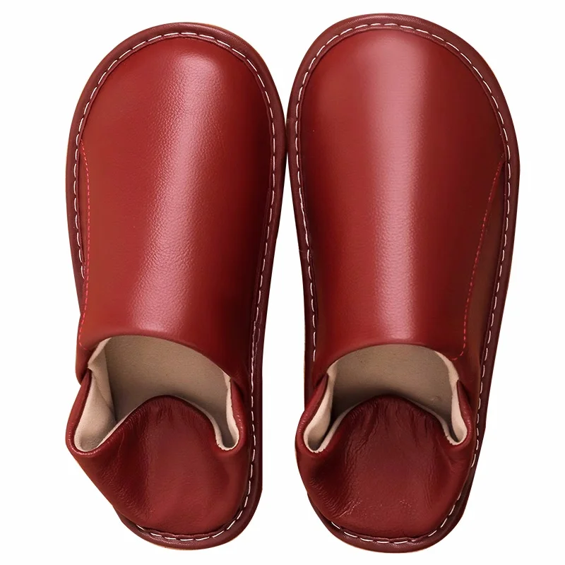 Women's Leather Indoor Slippers Genuine Leather Solid Color Winter Warm Comfortable Home Slippers for Men