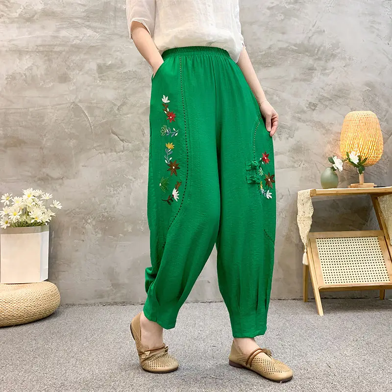 Sommer Ethnischen Stil Bestickt Frauen Baumwolle Leinen Laterne Hosen Lose Abnehmen Harem