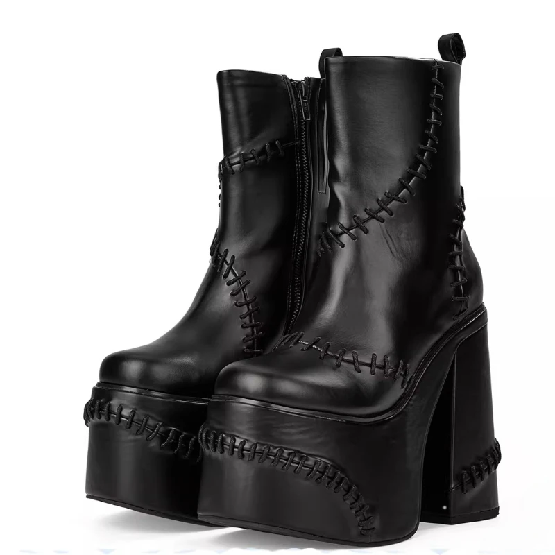 Black Motorcycle Boots Shoes for Women's Thick Sole Height Increasing Boots Super High Heels Side Zippers Fashion Mid-Calf Boots