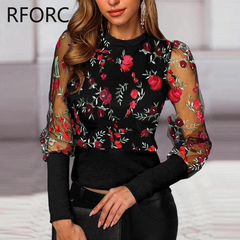 2024 Women Round Neck Mesh Patchwork Embroidery Floral Pattern Long Sleeves Casual Blouse Top