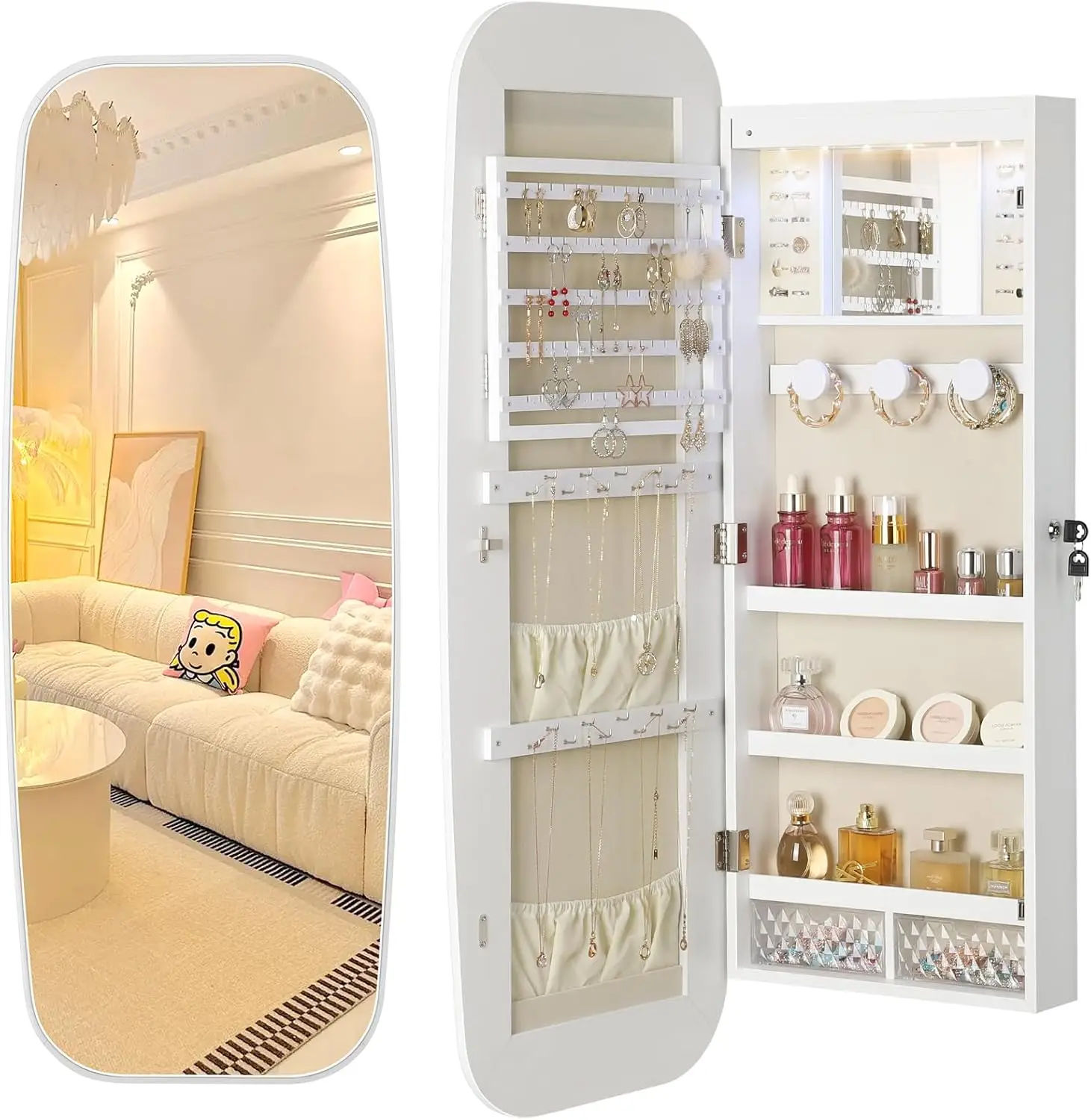 Cabinet, Rounded Jewelry Armoire Organizer, Wall or Door Mounted Jewelry Organizer with Interior Mirror, Lockable Wide Mirror wi