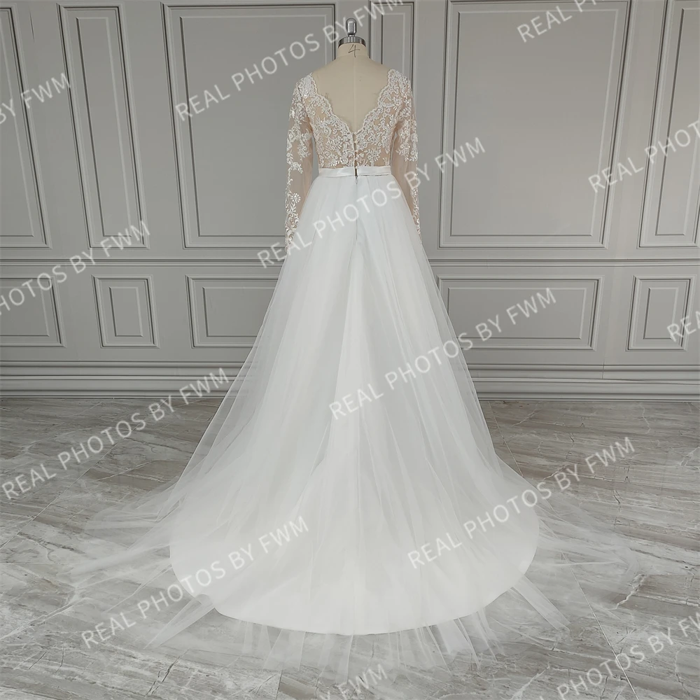 10927 # foto reali Boho Appliques pizzo a-line Tulle abito da sposa per le donne maniche lunghe Sweep Train abito da sposa su misura