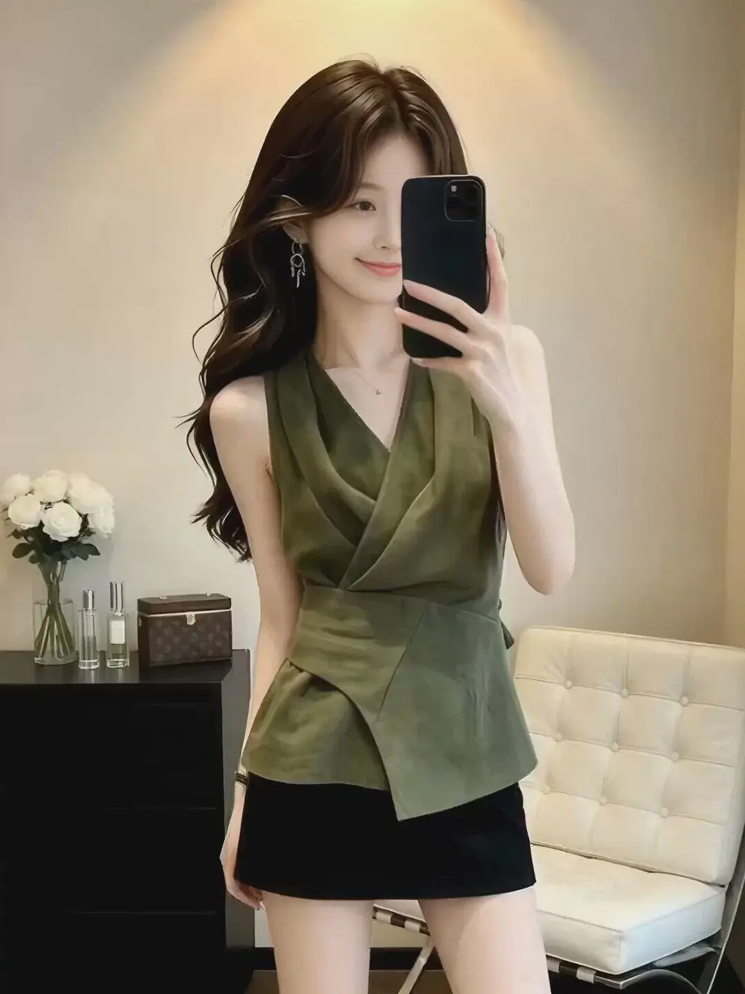 

Pure Desire Women's V-Neck Sleeveless Vest Top Green Outerwear Beautiful Hanging Neck Strap Summer Fashion French Style