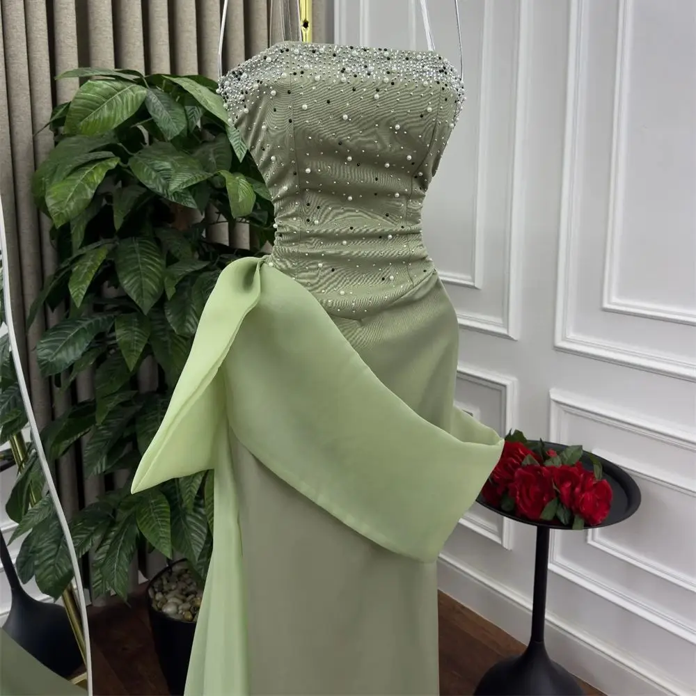 

Customized Green Exquisite Evening Dress Strapless Spaghetti Straps Special Occasion Gowns Satin Pearls Luxury Party Dress
