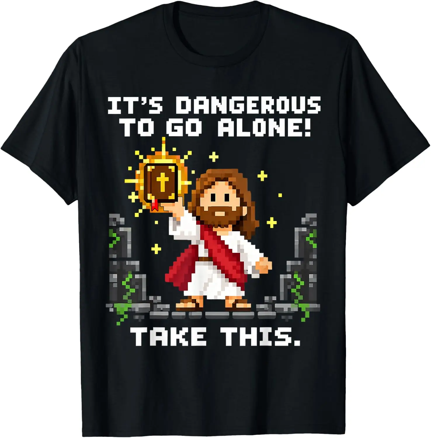 It's Dangerous To Go Alone Take This Christian Gamer Jesus T-Shirt Breathable, heavyweight pure cotton short-sleeve top—stylish, plus-size, and suitable for year-round wear with a sporty, casual vibe