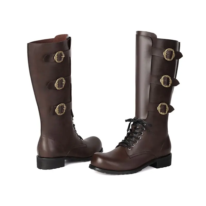 Steampunk Mittelalterliche Retro Motorradstiefel aus PU-Leder mit Schnalle, kniehohe Stiefel für Herren, Renaissance Cosplay, runde Zehenschuhe 2026 – Detail 8