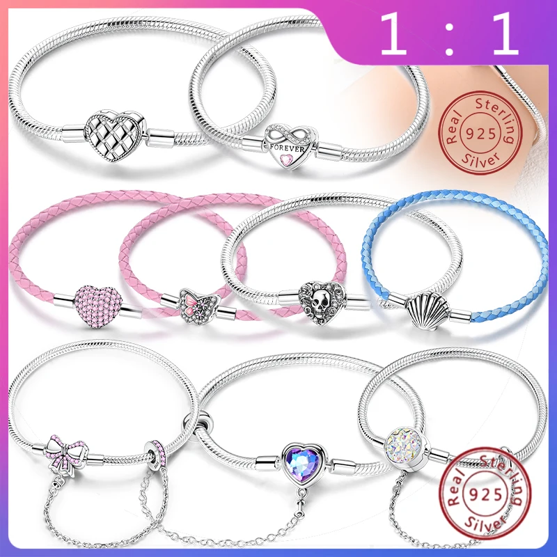 Pulsera Original de Plata de Ley 925 – Brazalete con Dijes (Tamaño 17-20CM)