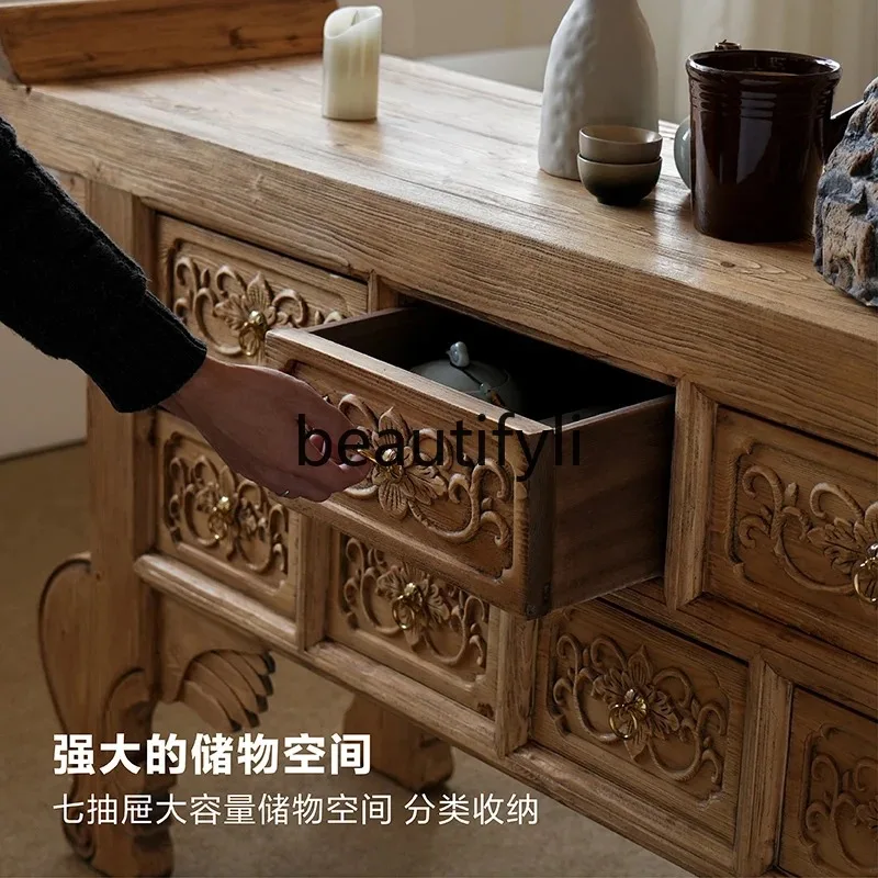 خزانة شرفة الرياح D2520 Wabi-sabi، وخزانة قماشية قديمة، وخزانة من الخشب الصلب بسبعة صناديق، وطاولة القاعة المتوسطة ومكتب الحافظة #4