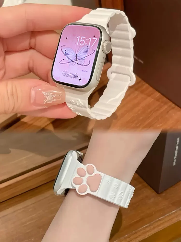 Slim Cute 3D Cat Paw Magnetic Strap For Apple Watch Band 49mm 45 Ultra 44 41 42 40 Correa Silicone Band For Iwatch Series 9 8 7