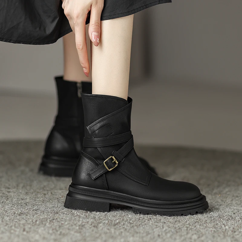 2024 Autumn/Winter Women Boots Platform Retro Mid-calf Boots Women Shoes Short Boots Motorcycle Boots Genuine Leather Boots