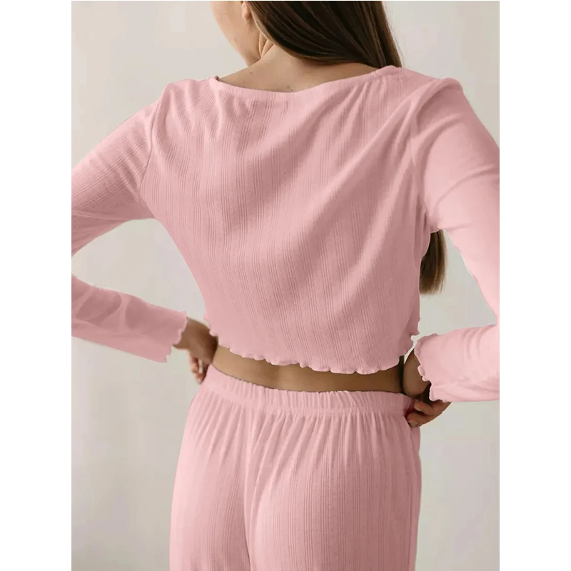 Autumn Winter Knitted Cotton Long Sleeve Long Pants Set Independent Station Sexy Pajamas Homewear Suit Knitted Design Containing