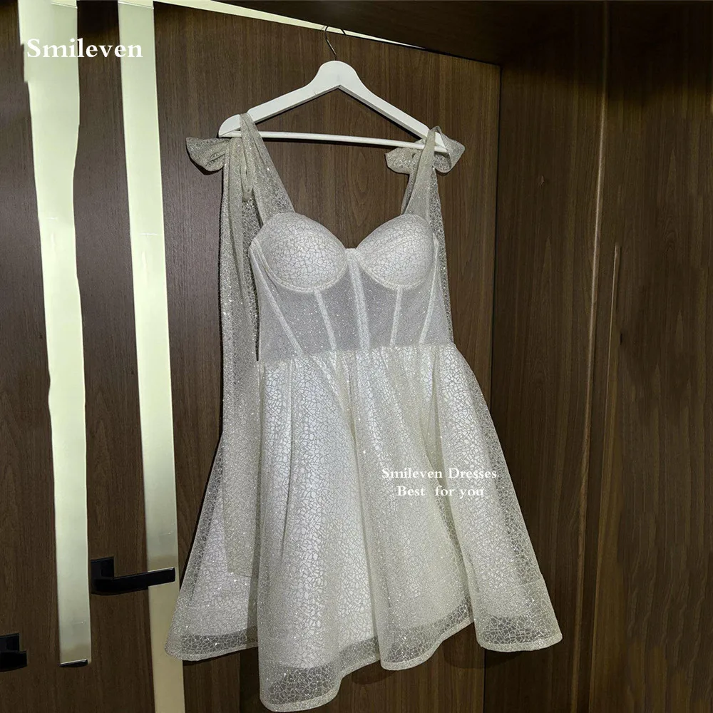 

Smileven Bow Strap Short Wedding Dress A Line Sweetheart Neck Shiny Glitter Bride Dresses Mini Vestido de novia Customized
