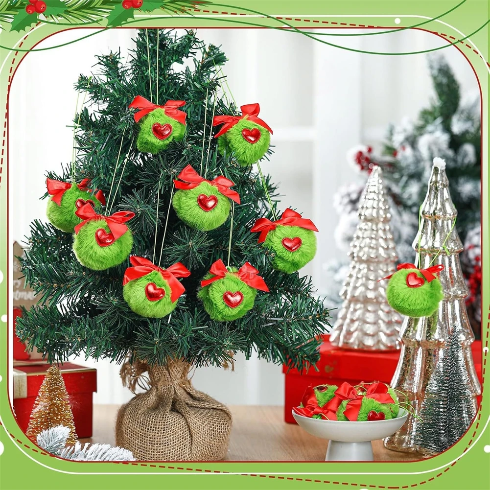 12Pcs Green Christmas Plush Balls 2025 New Year Home Decoations Xmas Tree Hanging Decorations Cute Christmas Balls Sets Kid Sets