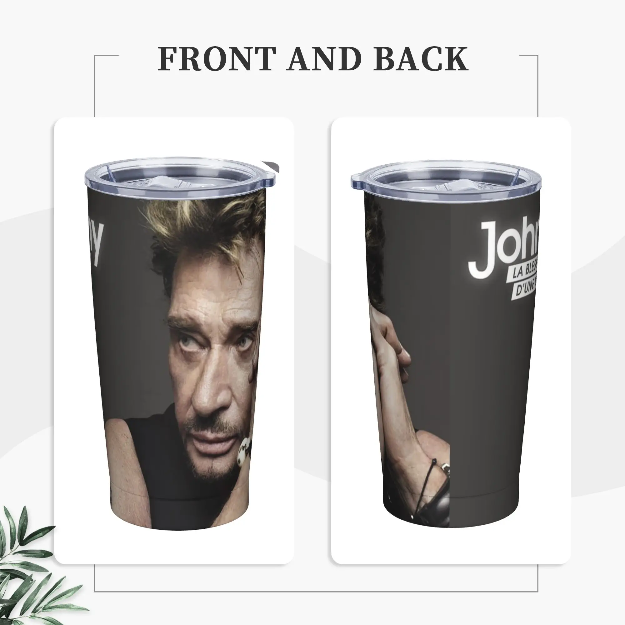 Fashionable Music Tumbler Vacuum Insulated Johnny Hallyday Thermal Cup with Lid Straw Double Wall Mug Water Bottle, 20oz