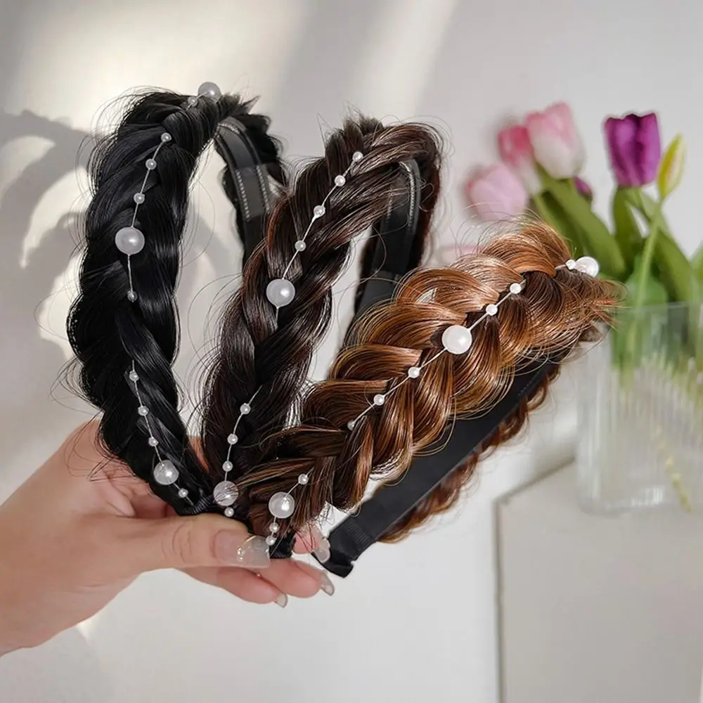 

Sweet Synthetic Fishbone Braid Headband Wide Pearl Women Hair Hoop Trendy Headwear Non-slip Twisted Wig Headband Girl