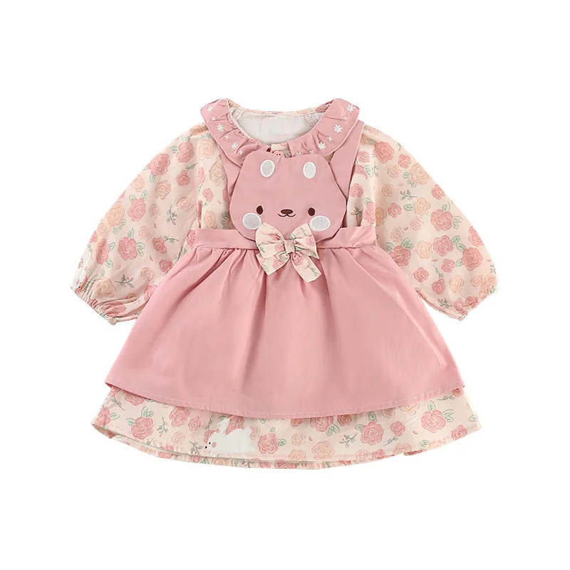 Baby Girls 2PCS Strappy Dress Set Spring Autumn Bowknot Cartoon Eyes Suspender Dress Floral Dress Suit Children Girls Outfits