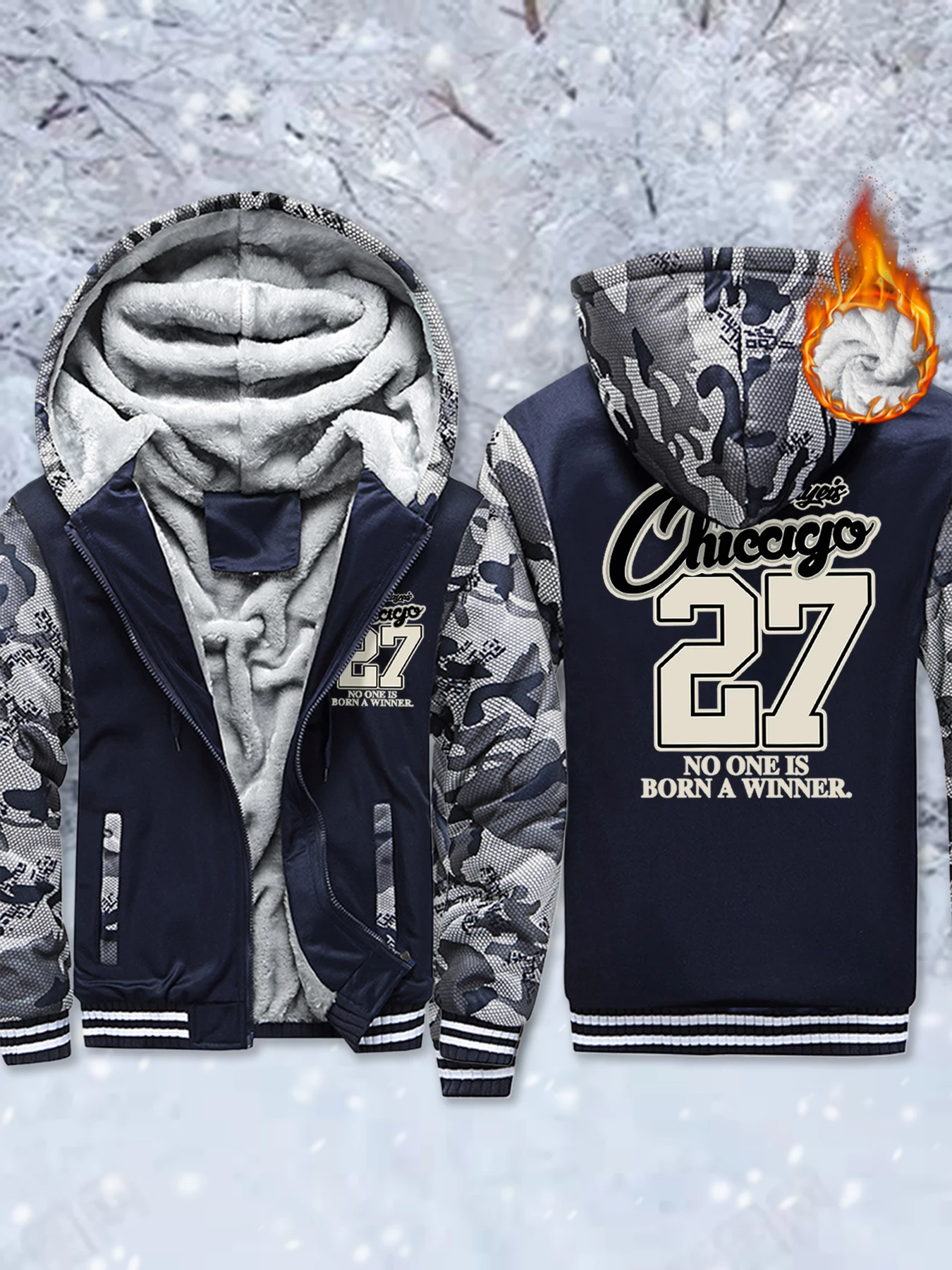 

Chicago Players Number 27 Pattern Fleece Pocket Jackets Unisex Soft Zip-Up Streetwear Warm Comfy Hoodie Winter Thicken Veste
