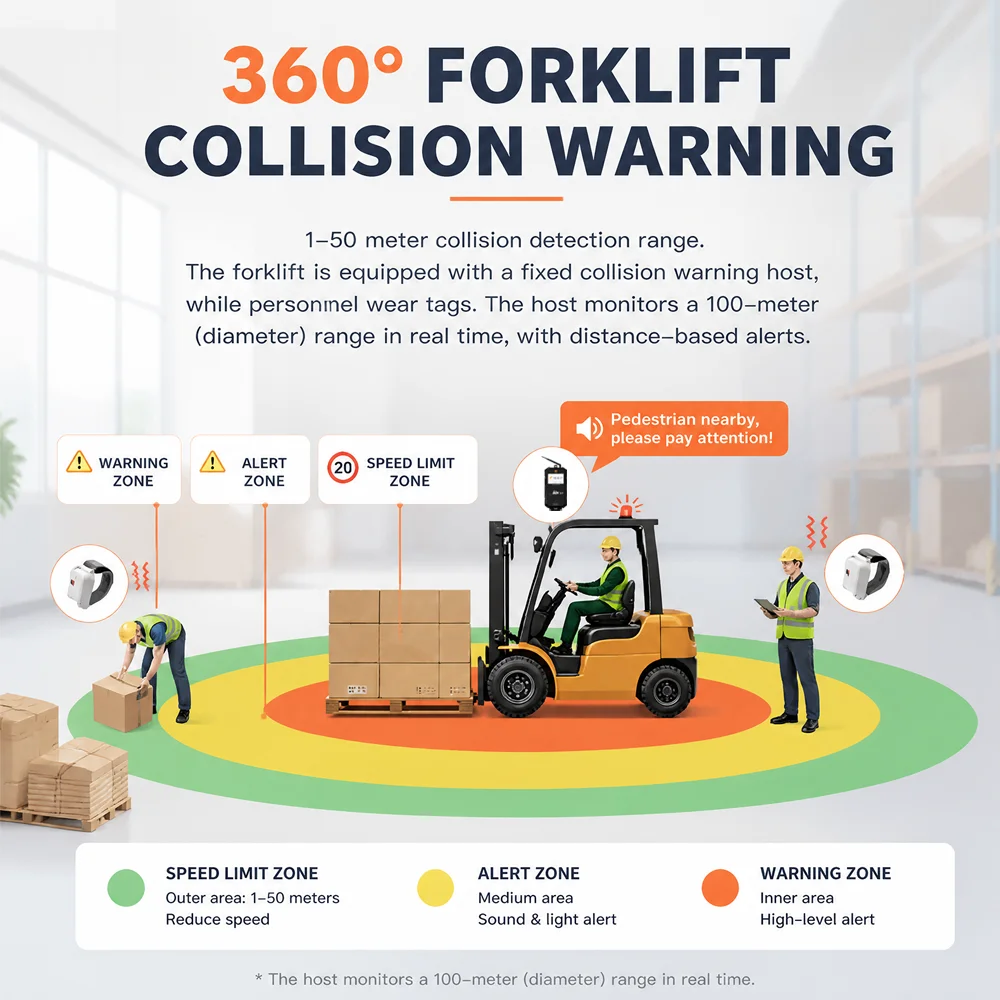 UWB 360° Anti-Collision System WTASFE Tag-Based Proximity Warning Alert for Pedestrian Forklift Safety 100m Range