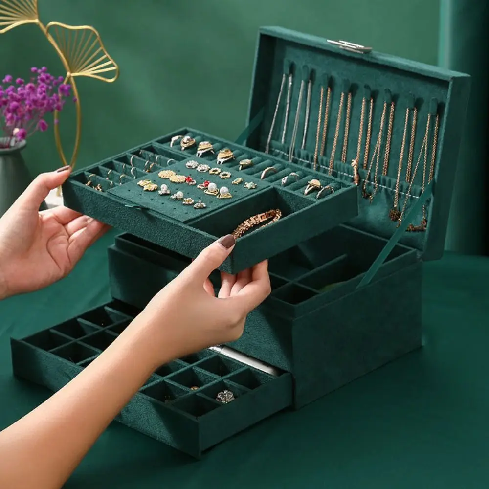 

Velvet Jewelry Storage Box With Lock And Drawer Large Capacity Earring Ring Organizer 3 Layers Jewelry Box Organizer For Women