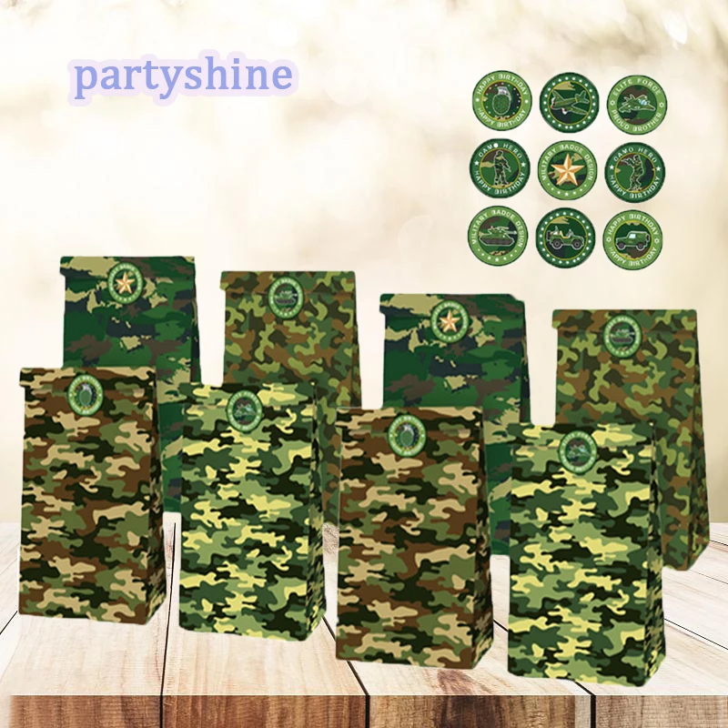 17pcs/8set Army Camouflage Candy Bags With Sticker For Military Theme Party Camouflage Paper Bags Candy Bag Green Kraft Bag