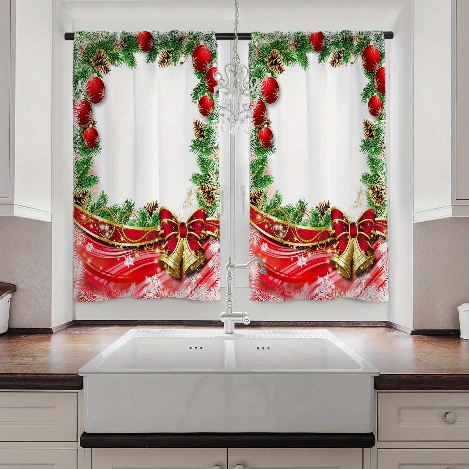 Charming Christmas Cafe Curtains Festive Tree Gift Design with Colorful Lights Vintage European Style for Kitchen Living Room