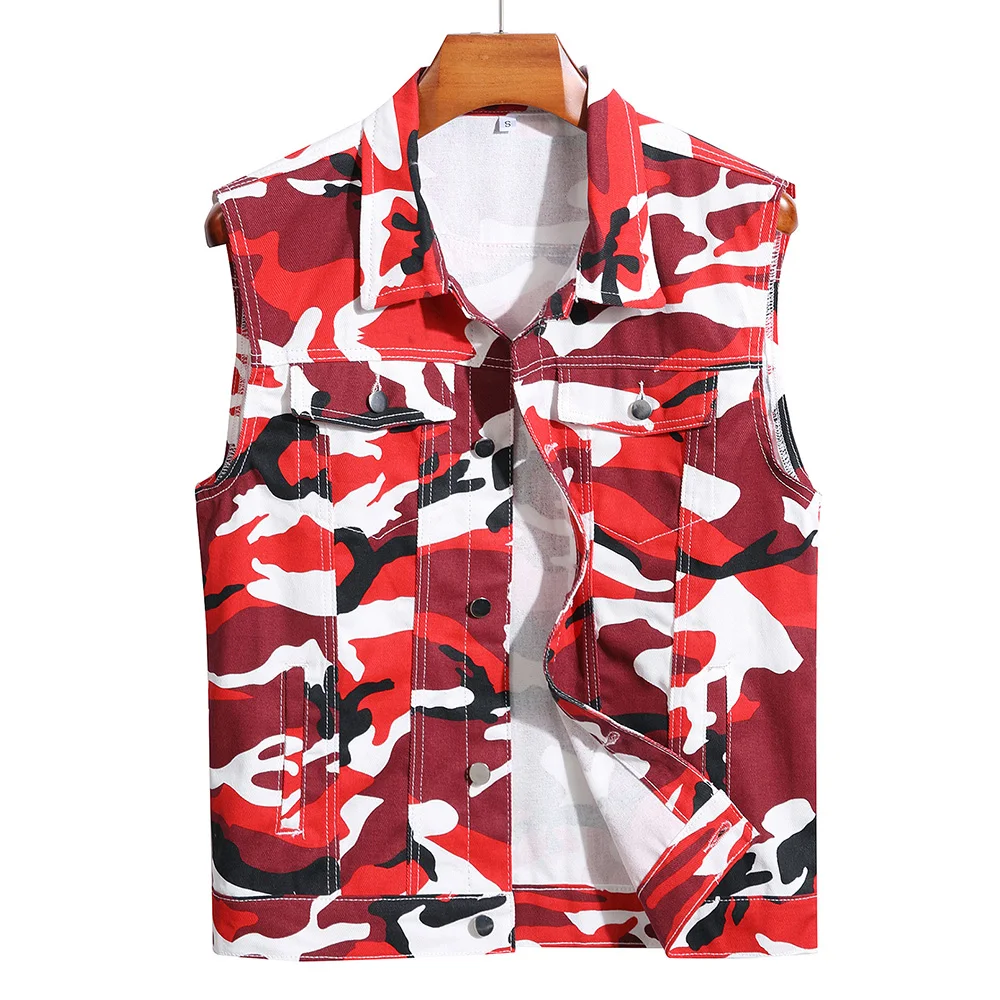 Men Red Camouflage Denim Vest Casual Cotton Waistcoat Tank Top