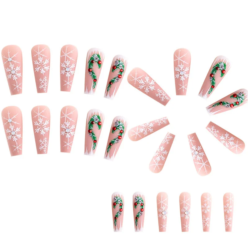 Long Christmas Press-On Nails, Rhinestone Heart and Snowflake Design, Festive Fake Nail Tips