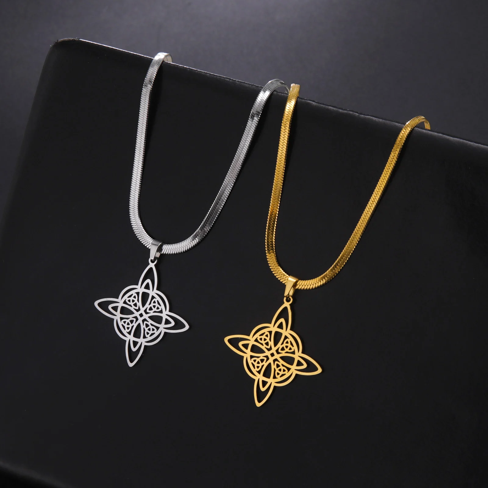 Stainless Steel Witchcraft Witch Knot Geometry Long Chain Necklace for Women Viking Pendant Chain Necklace Jewelry Gifts