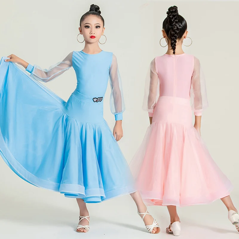 Pink Blue Ballroom Dance Dresses Girls Waltz Standard Dancing Performance Wear Two Piece Tango Dance Stage Costume VDB7661