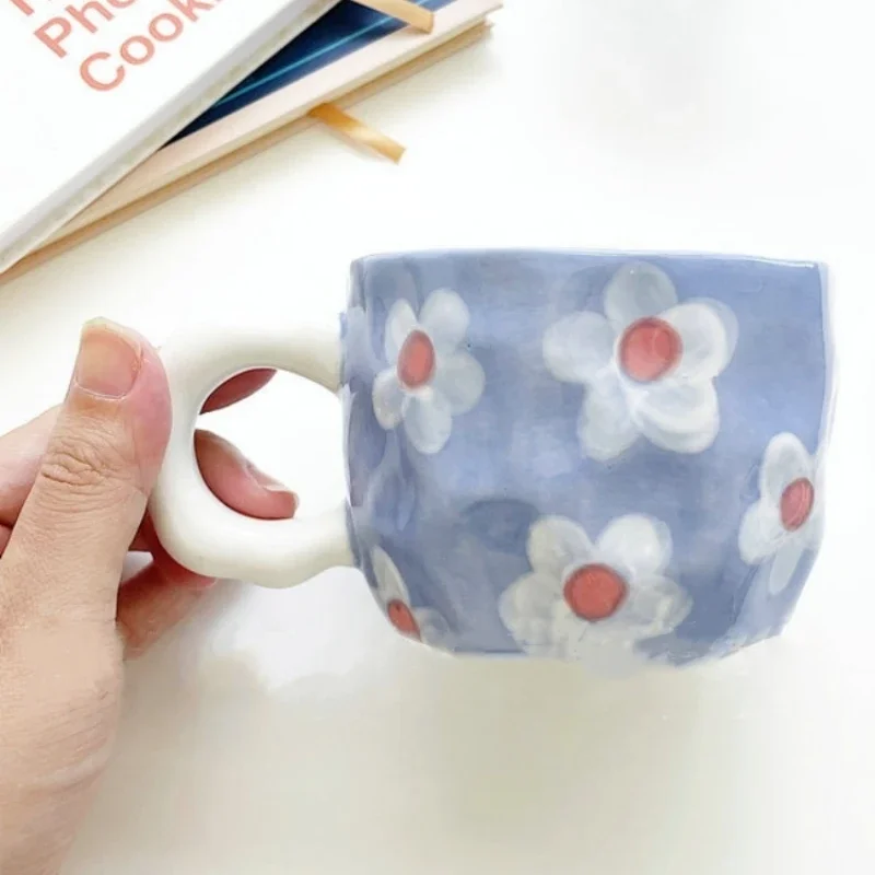JUSTINLAU Cute Hand Pinched Irregular Ceramic Mug Flower Heart Pattern Coffee Cup Breakfast Milk Tea Cups Gift For Kids Girls