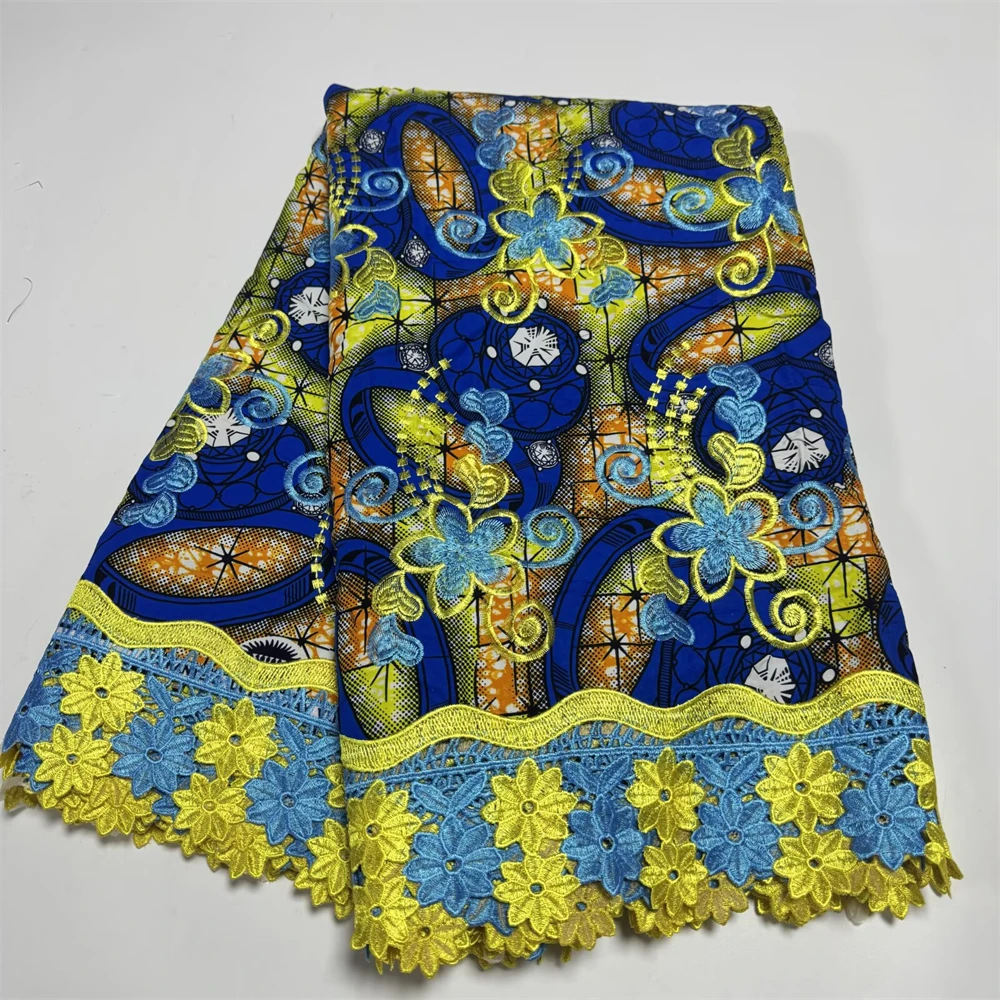 

African Wax Cotton Lace Cord Embroidery Lace Fabric High Quality Wax Fabrics , Wax Lace Embroidery For Women Dress 6 Yards