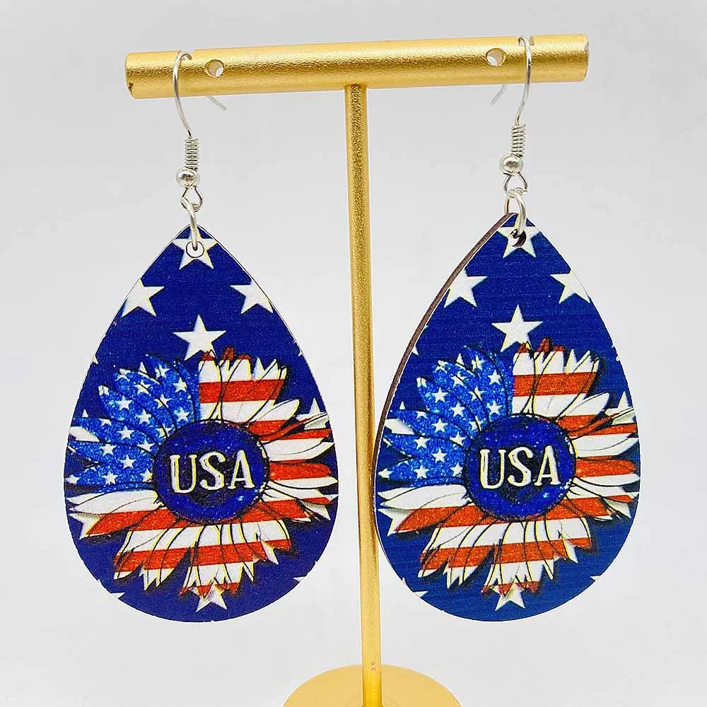 New Independence Day Earrings Sunflower American Flag Wood Earrings for Women Girls 4th of July Patriotic Jewelry